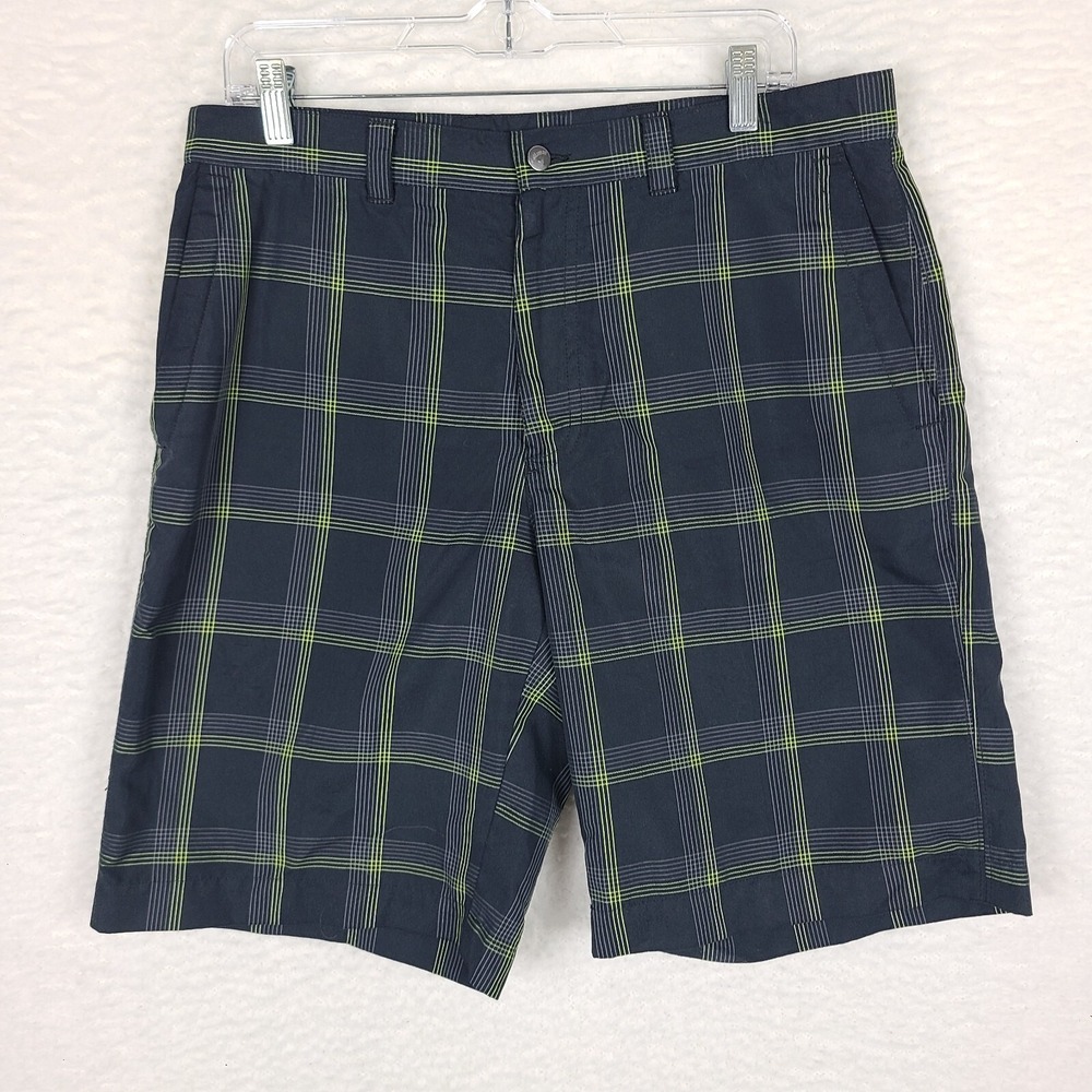 Callaway Shorts‎ Mens 34 Black Green Check Plaid 10" Inseam Golf Casual Chino